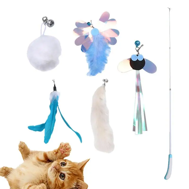 

Retractable Cat Feather Toy 6 PCS Funny Kitten Cat Wand Toys And Replacement Teaser With Bell Refills Cat Toy For Indoor Cat