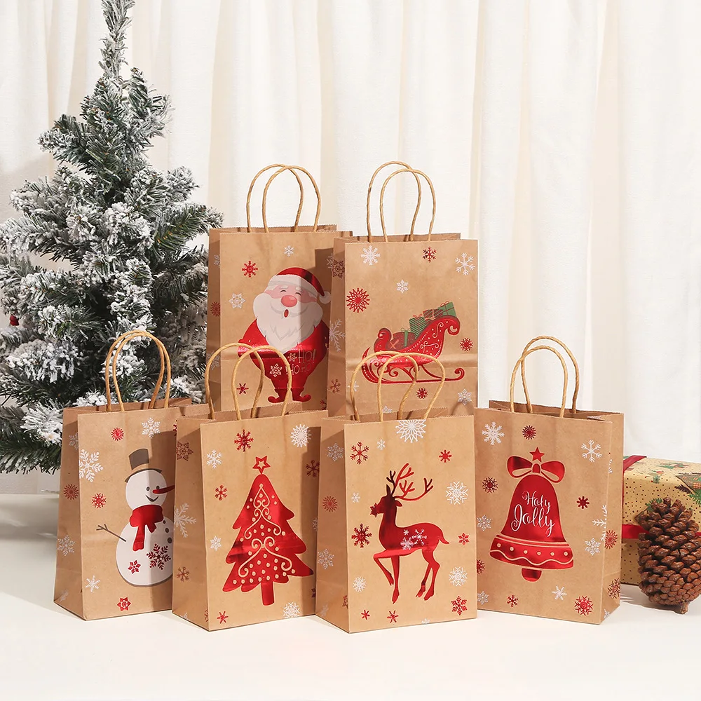

Christmas Tote Bag Santa Claus Snowman Elk Kraft Paper Bag Creative Xmas Theme Gift Bags Candy Packaging For Party Natal Favors