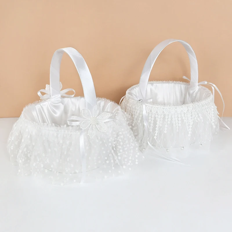 

1pc Wedding Flower Basket Bridesmaid Lace White Flower Girl Basket Vintage Rustic Wedding Party Ceremony Bridal Shower Decorting