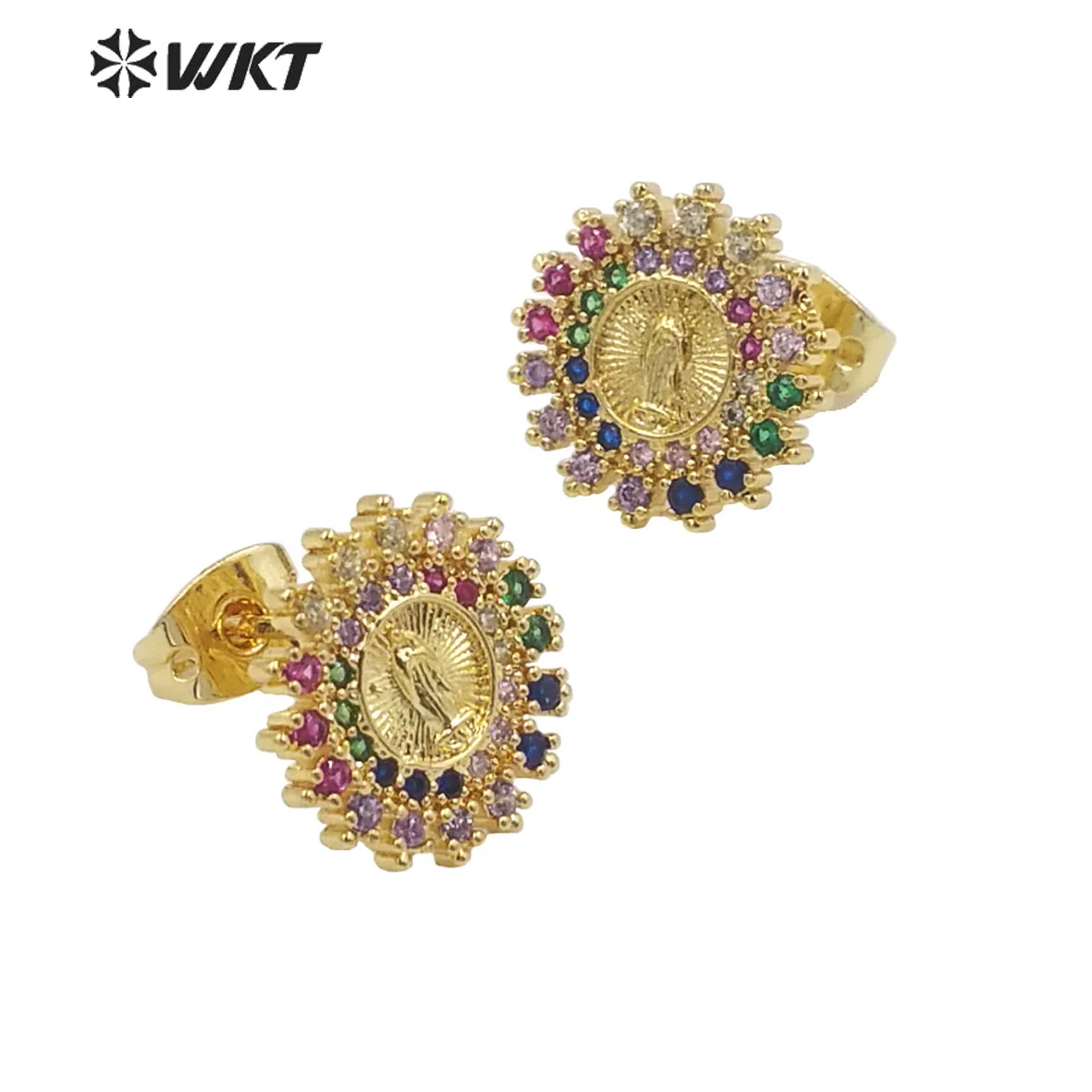 Фото WT-ME102 Новые модные серьги-гвоздики с микроинкрустацией цветными кубическими циркониями в форме Девы Марии, религиозные серьги для женщин №3