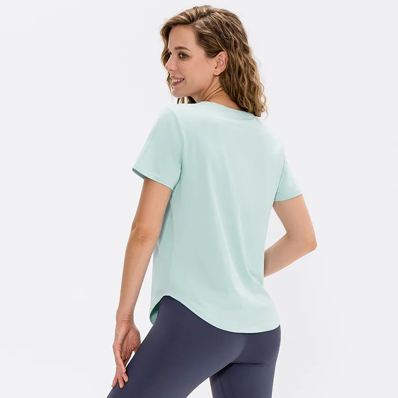 With Logo Women Loose Yoga Short Sleeve Breathable Running Sports Top Casual T-shirt Elastic Speed Dry Fitness Clothing