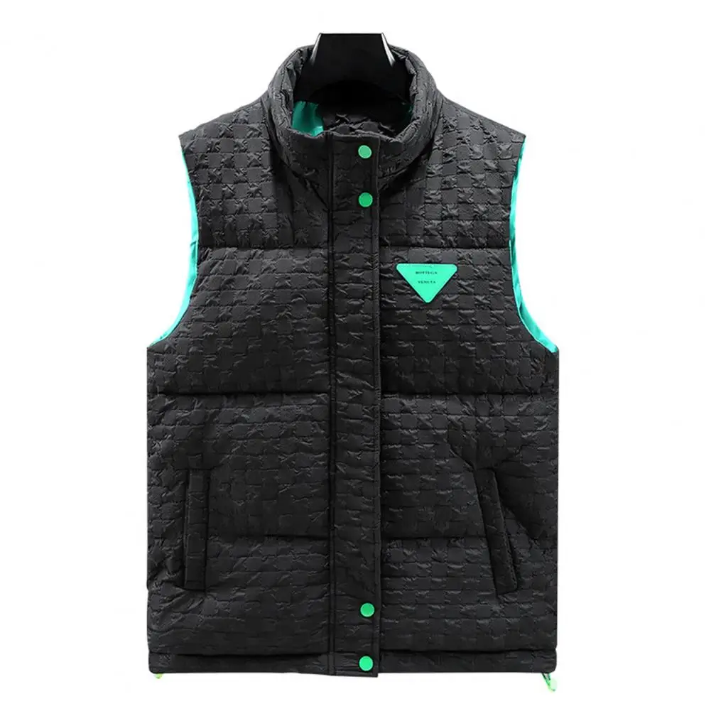 

Thermal Vest Jacket Stand Collar Autumn Winter Men Vest Checkered Adjustable Bottom Sleeveless Coat