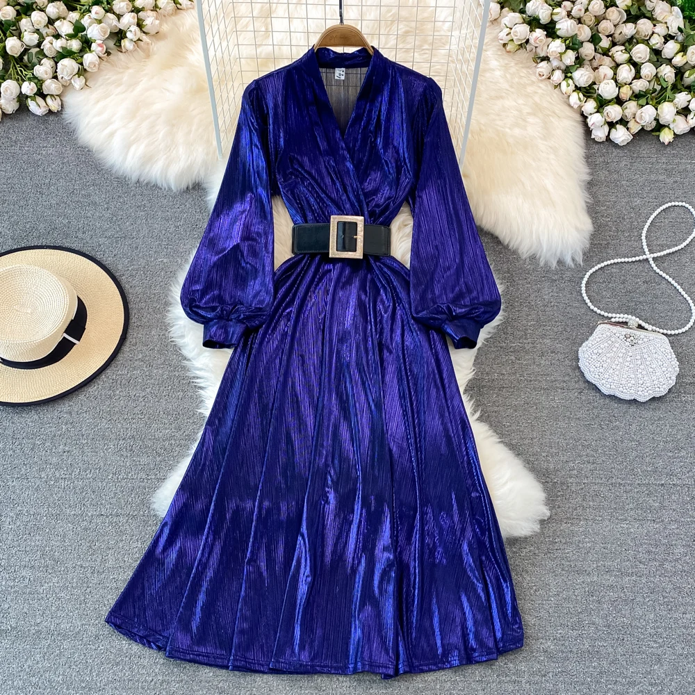 

Женское винтажное вечернее платье, элегантное платье миди с V-образным вырезом, длинным рукавом-фонариком, высокой талией и поясом, весна-ос...