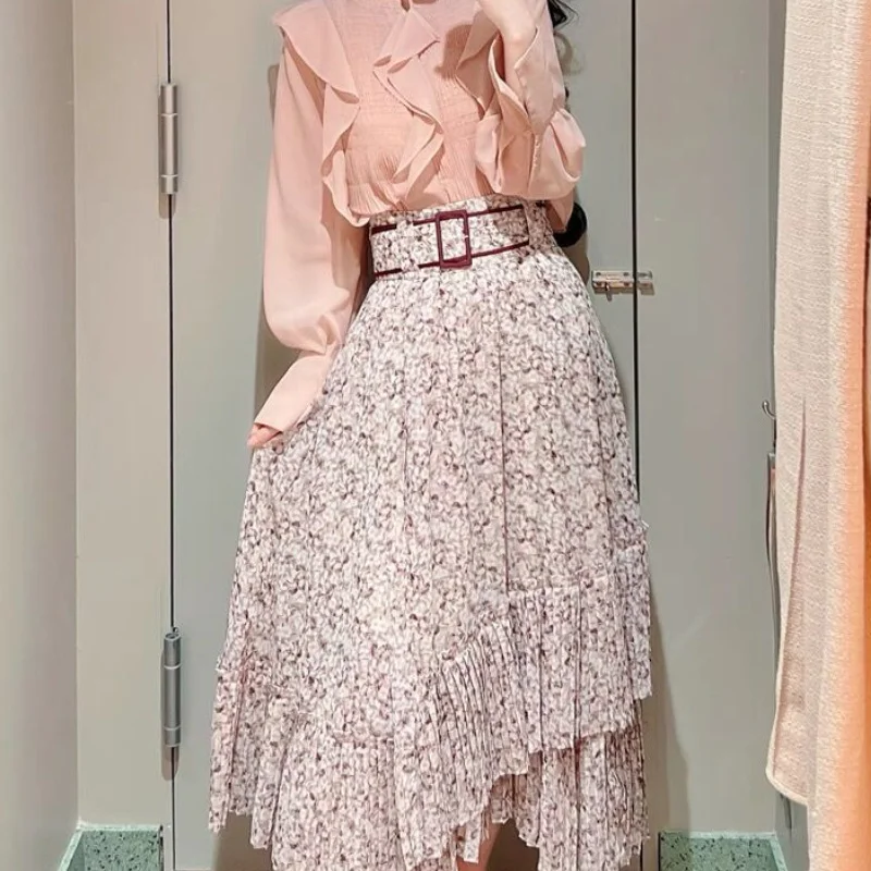 

Japanese Pleated Belt Floral Printed Irregular Skirt Vintage Temperament Faldas Mujer Moda 2023 Slim Waist Jupe Women