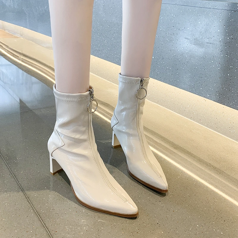 

Medium High Heel Leather Comfortable Bare Boots for Women New Front Zipper Pointed Patent Leather Elastic Thin Women's Boots