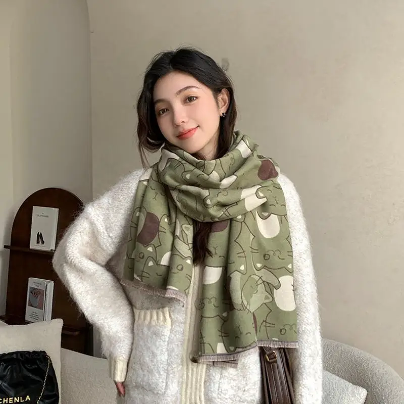 

New Scarf for Women, Winter Versatile Thickened Imitation Cashmere Shawl Cartoon Cute Student High-End Retro Scarf Holiday Gift