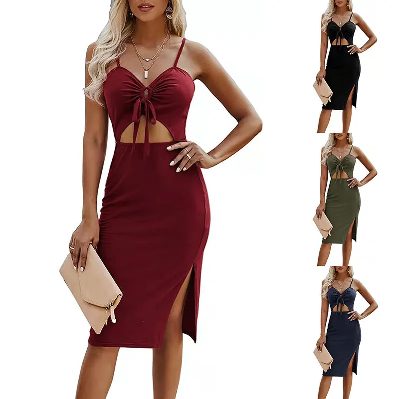 

New Summer Sexy Women Dress Casual Solid Color Hollow Out Lady Streetstyle Clothing Halter Bodycon Backless Red Woman Dresses