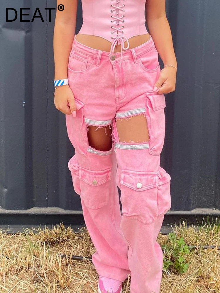 

DEAT Fashion Women's Pant Loose Straight Low Waist Big Pockets Zip Hollow Out Wide-leg Cotton Trousers Autumn 2023 New 7AB176