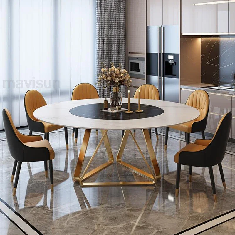 Легкий роскошный золотой обеденный стол круглый поворотный 1 2/1 5 м набор