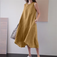 2022 summer cotton linen womens dress oversize o neck a line elegant slip dresses female fashion elegant korean clothes ladies