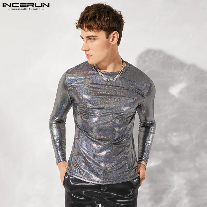 

INCERUN Casual Fashion Shiny Striped Camiseta New Men Party Nightclub Wear Tops Stylish Male Hot Sale Long Sleeve T-Shirts S-5XL