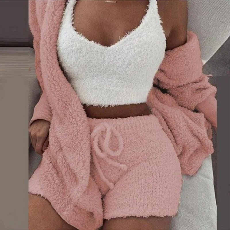 Pajama for Women's 2023 Winter Plush Home Wear Casual 3-piece Pajama Long Sleeved Open Navel Vest Shorts Set