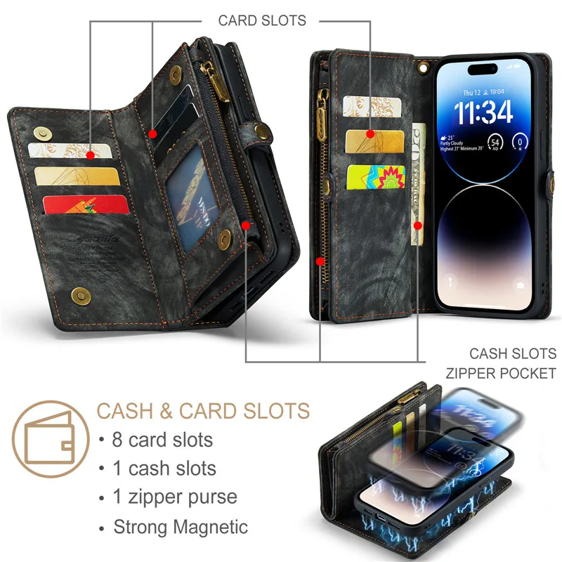 Wallet Luxury Zipper Leather Case For iPhone 14 13 12 Pro Max 11 SE 2020 X XR XS Max 8 Plus Credit Card Slot Leather Phone Case