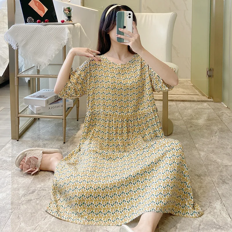 Large Size Nightdress Short Sleeved Cotton Silk Nightdress Retractable Belt Floral Over-the-knee Long Skirt Large Hemline