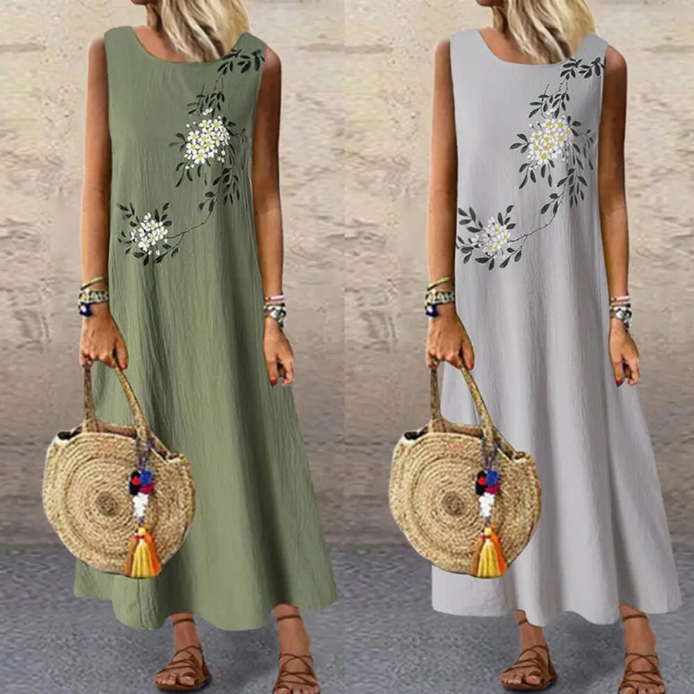 

Popular Women Dress Round Necks Summer Holiday Dress Pure Color Printed Dress