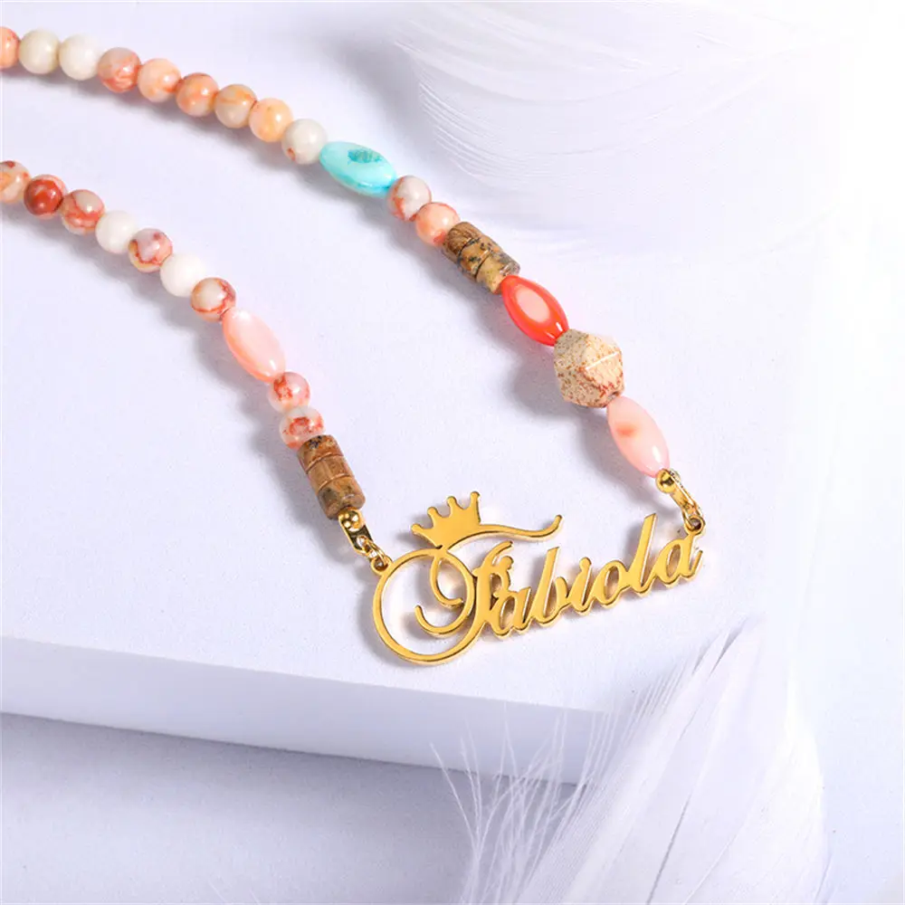 

GATTVICT Boho Natural Stone Crystal Personalized Custom Name Necklace For Women Colorful Opal Choker Stainless Handmade Jewelry