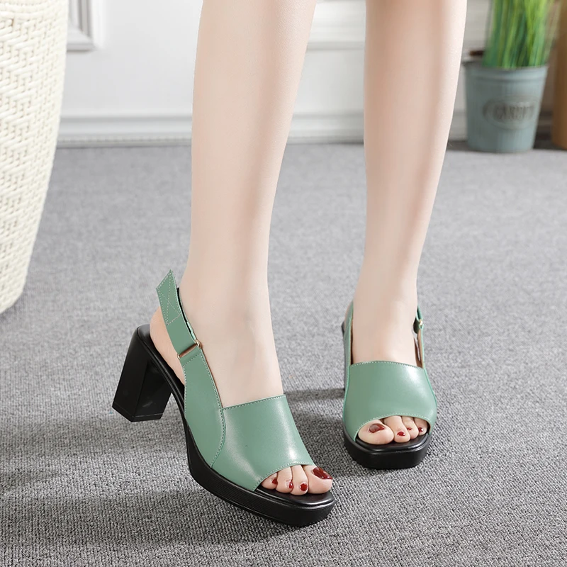 GKTINOO 2023 Women's Sandals Summer Genuine Leather High Heels Fashion Sandals Ankle Strap Outside Shoes Square Toe Mixed Color