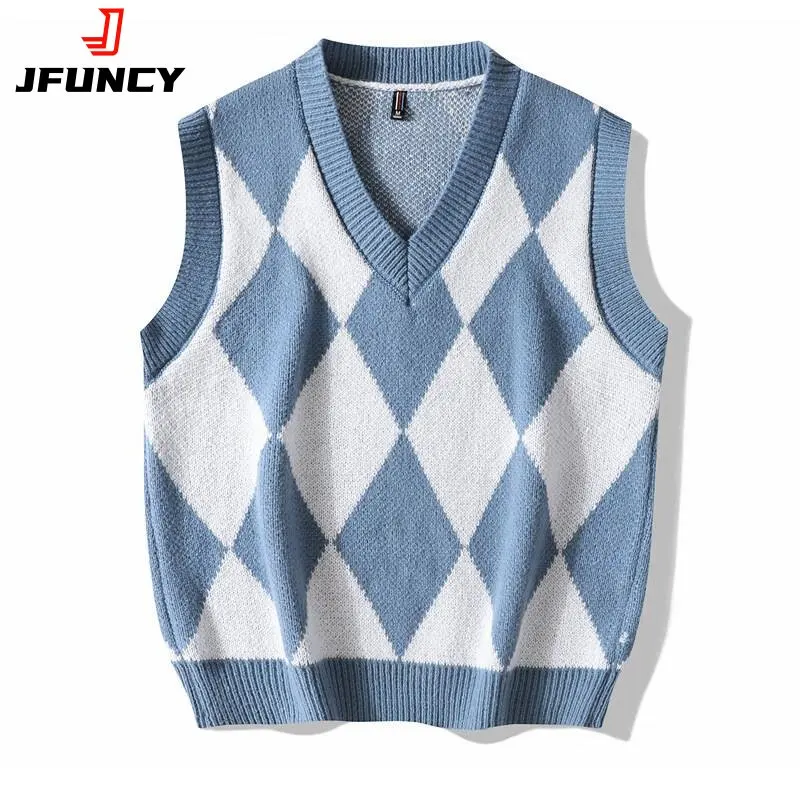 JFUNCY 2022 Autumn Winter Men Vests Fashion Sleeveless Vest Men's Oversize Knitted Pullover Male V Neck Knit Sweater Vest
