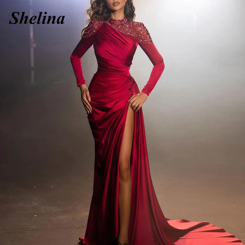 

Shelina Charming Beads Homecoming Dresses High-Neck Crystal Long Sleeve Split Pleat Sweep Train Vestido De Noite Custom Made