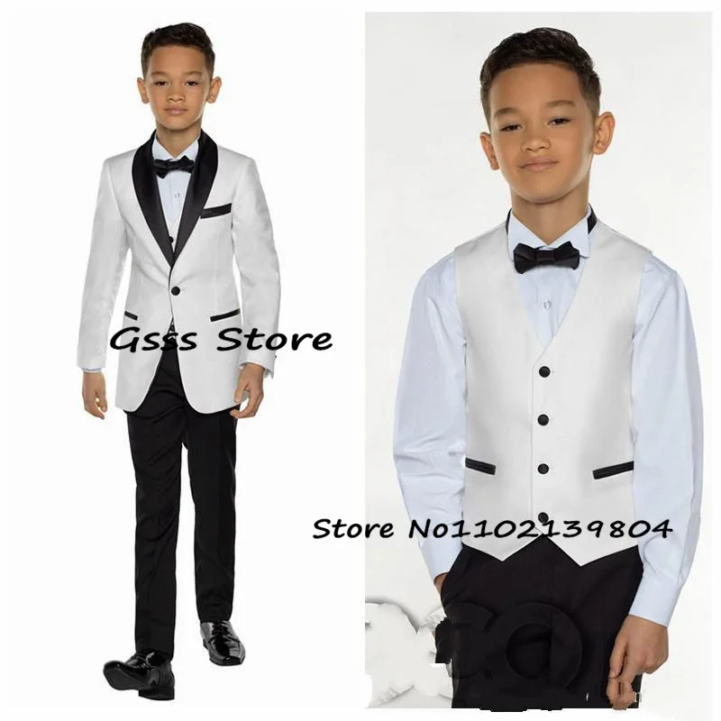 Boys Wedding Tuxedo White Dress Shawl Collar Stage Show Formal Blazer Pants Vest 3 Piece Suit for Kids Jacket