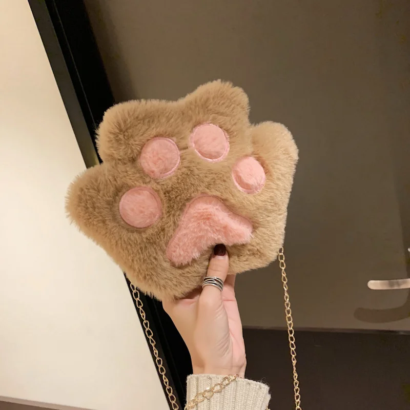 

Cute Bear Paw Girls Chain Zipper Shoulder Bag Lovely Children's Soft Plush Coin Purse Boys Accessories Small Crossbody Bags