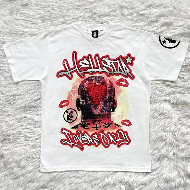 

Hellstar T-shirt American High Street Flame Heart Letter Hellstar Printed Cotton Breathable Short Sleeve T Shirt Men Women