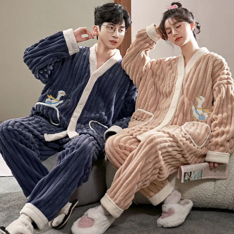 Yasuk Winter Fashion Women's Men Casual Warm Soft Sleepwear Pajamas With Pants Velvet Fleecel Duck Couple Unisex Pocket Coat