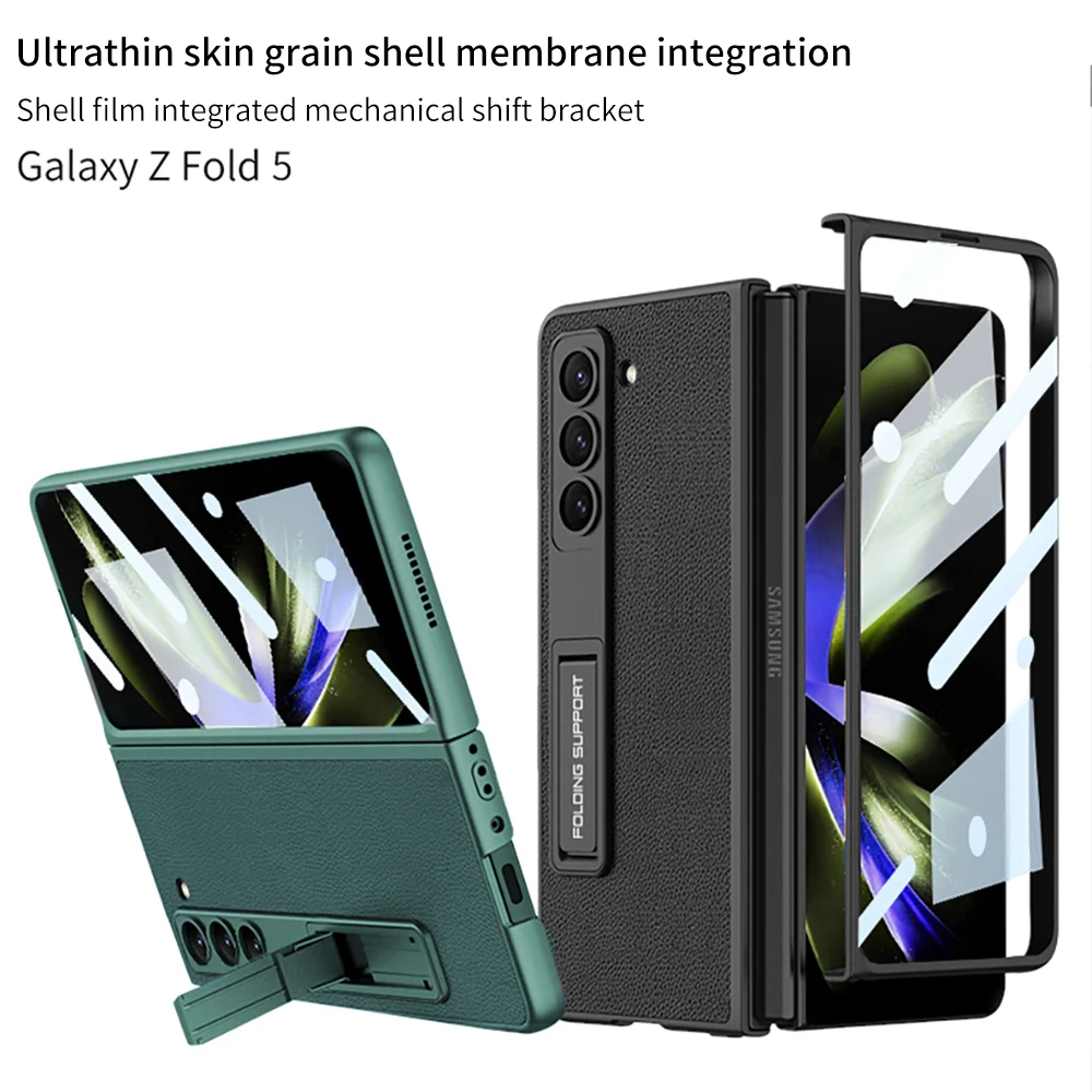 For Samsung Galaxy Z Fold 5 Case Ultra Thin Plain Leather Matte Bracket With Tempered Film Folding Shockproof Protection Cover