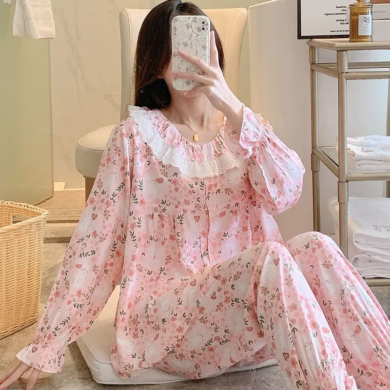1 Spring and autumn new cotton silk pajamas women's thin suit cardigan plaid cardigan cotton home clothes