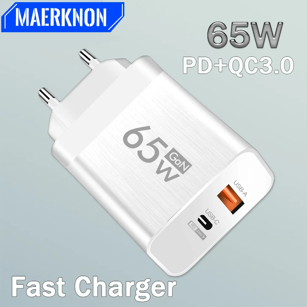 

65W PD GaN Fast Charger USB Type C 2 Ports Charging Adapter For iPhone 14 pro max Xiaomi Huawei Samsung Oneplus Quick Charge 3.0
