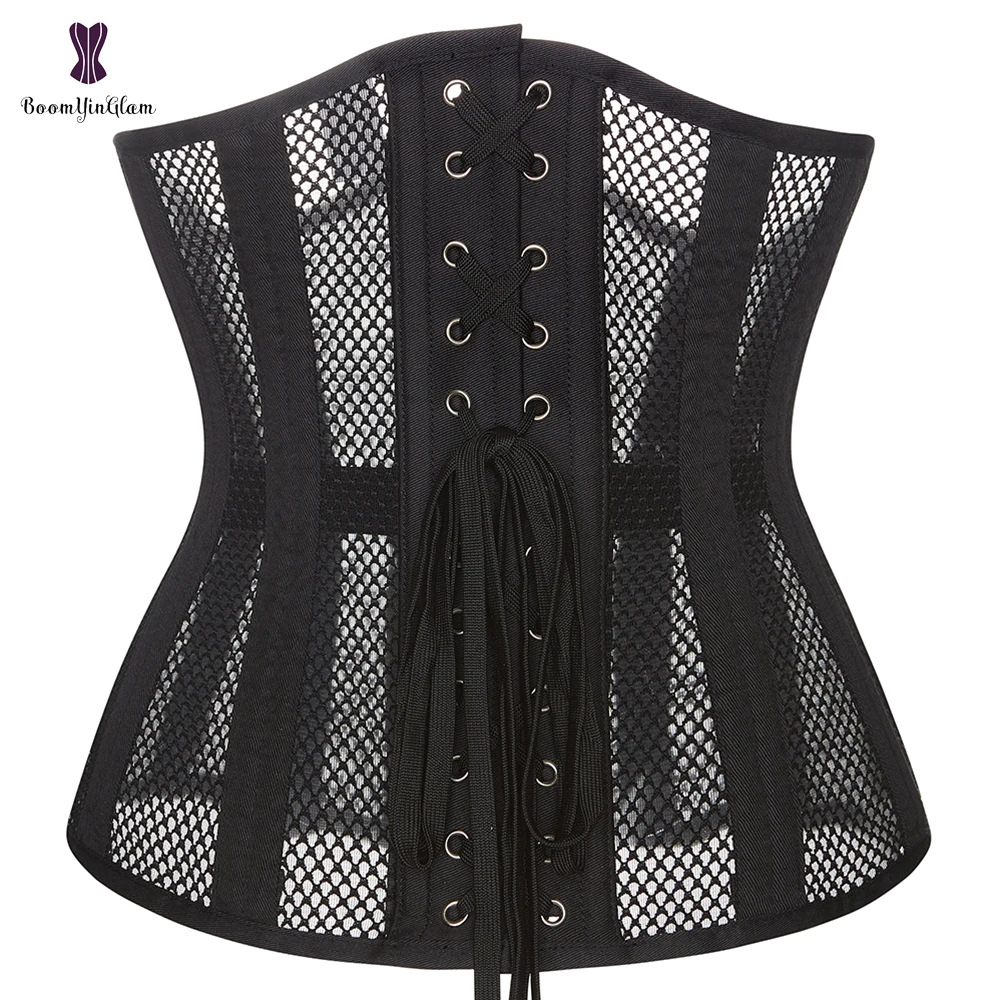Transparent Hollow Net Underbust Corset Waist Cincher Bustier Black White Outwear Steel Boned Lingerie