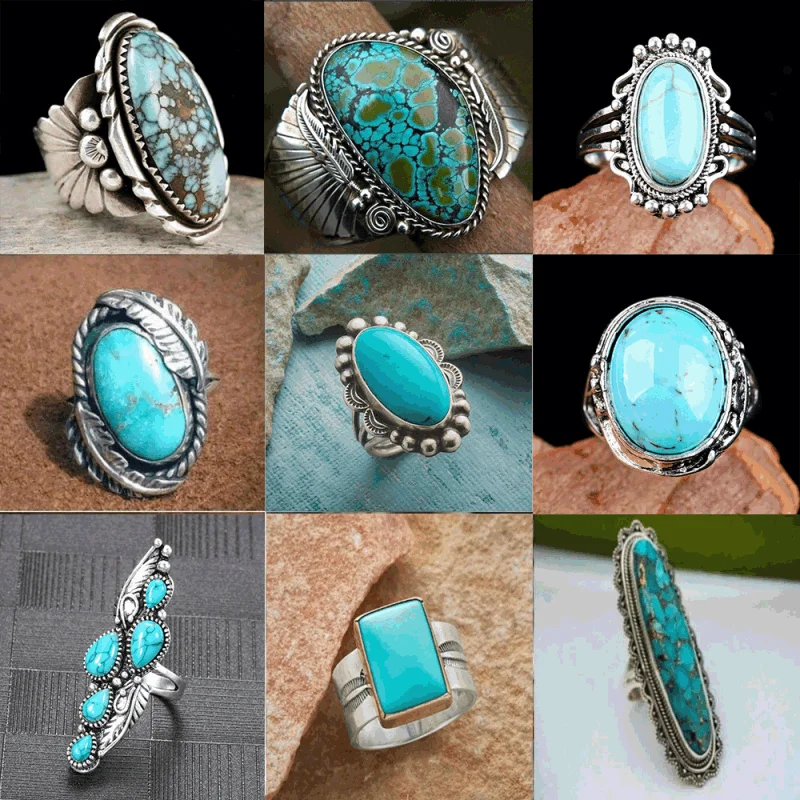 

New Fashion Trend Personality Retro Indian Style Blue Lattice Bohemian Party Simple Jewelry Accessories Ring for Women