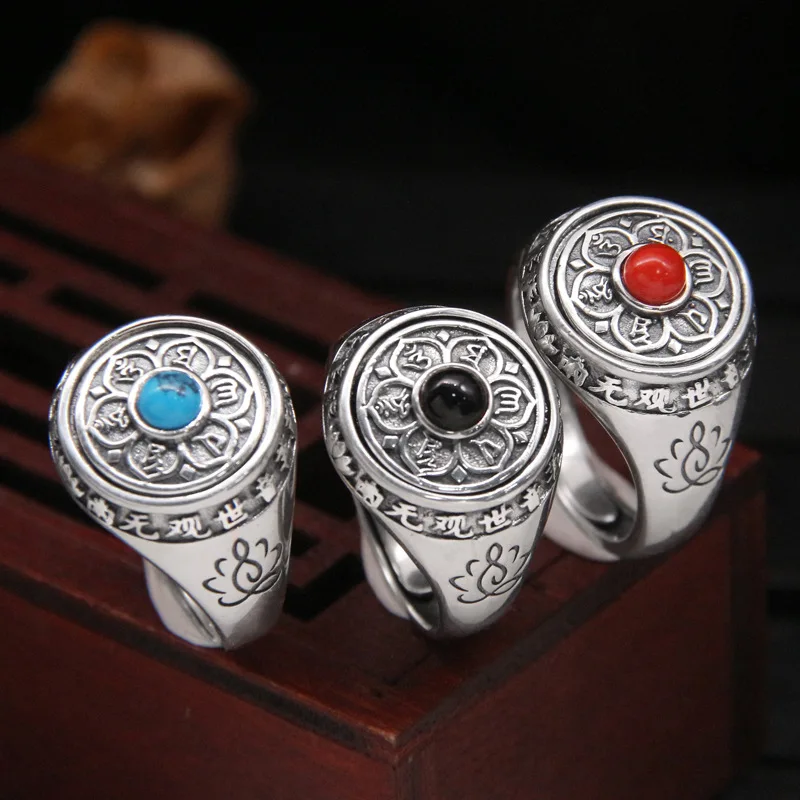 

Real S925 Sterling Silver Retro Fashion Personality Rotatable Six Character Truth Lotus Ring MeiBaPJ Exquisite Gift Jewelry
