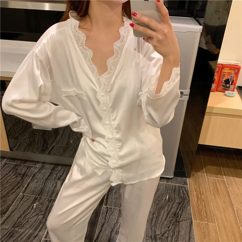 Пижама женская с длинным рукавом пикантная белая кружевная Милая ледяная