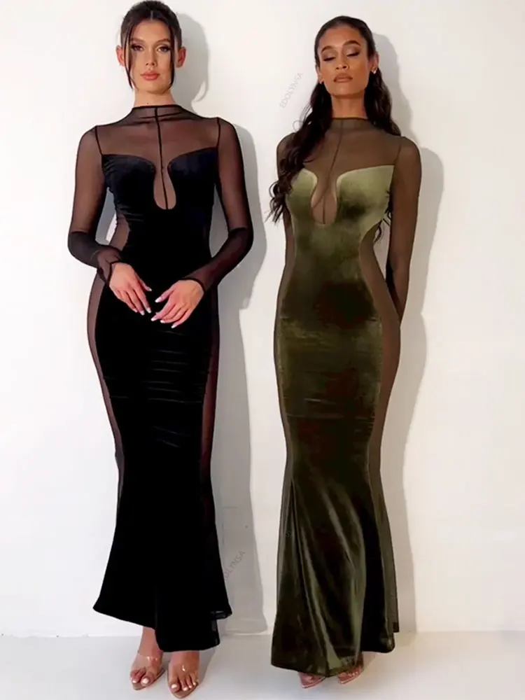 

Женское ажурное платье-макси с длинным рукавом и высоким воротником