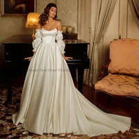high quality a line wedding dresses spaghett draped puff sleeve open back satin 2022 summer floor length gowns robe de ma