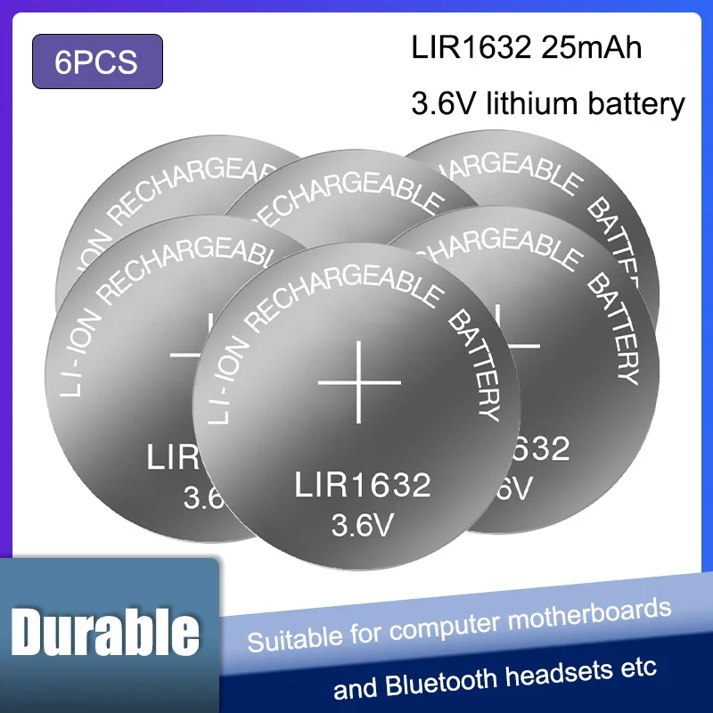 

6PCS LIR1632 LIR 1632 3.6V Lithium Rechargeable Battery For Watch Calculator Clock Remote Control Toys Button Coin Cell