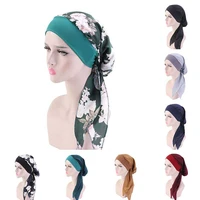 muslim hijab turban hat headscarf pre tied long tail chemo cap stretch bandana floral print elasticity breathable comfortable