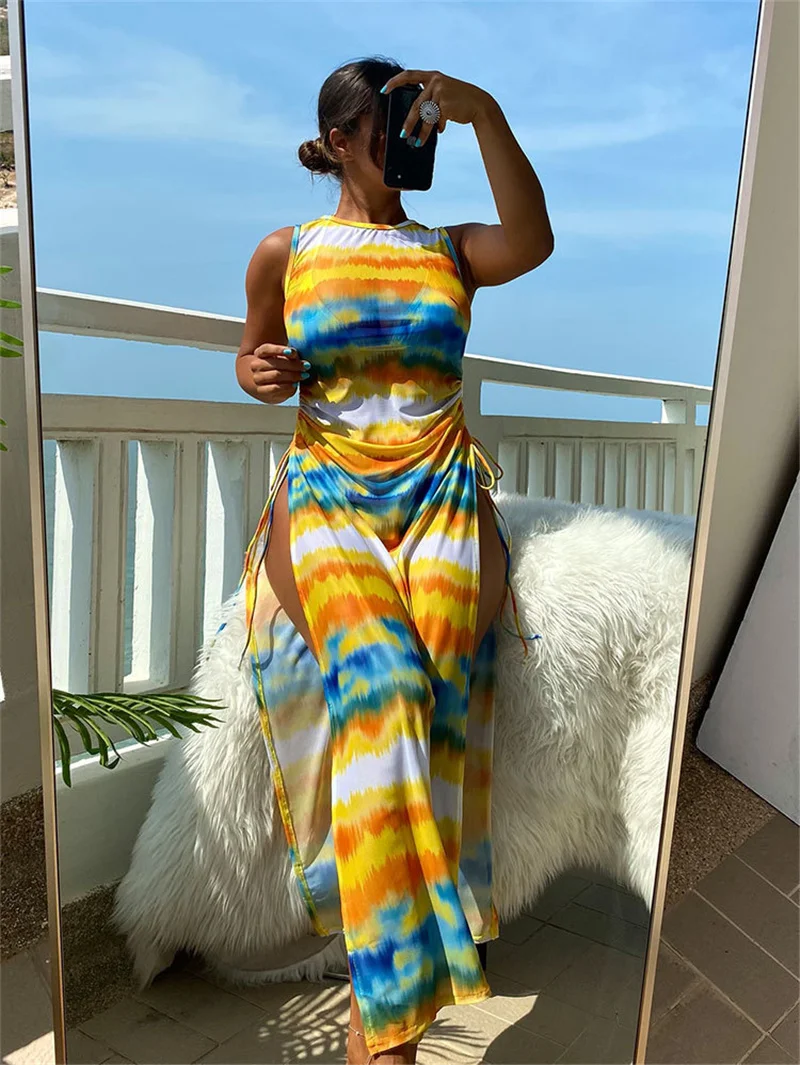 

Women 3 Piece Bikini Sets Swimsuit Tie-Dye Print Halter Bra and Elastic Briefs Cover up Dress Beachwear Bathing Suit