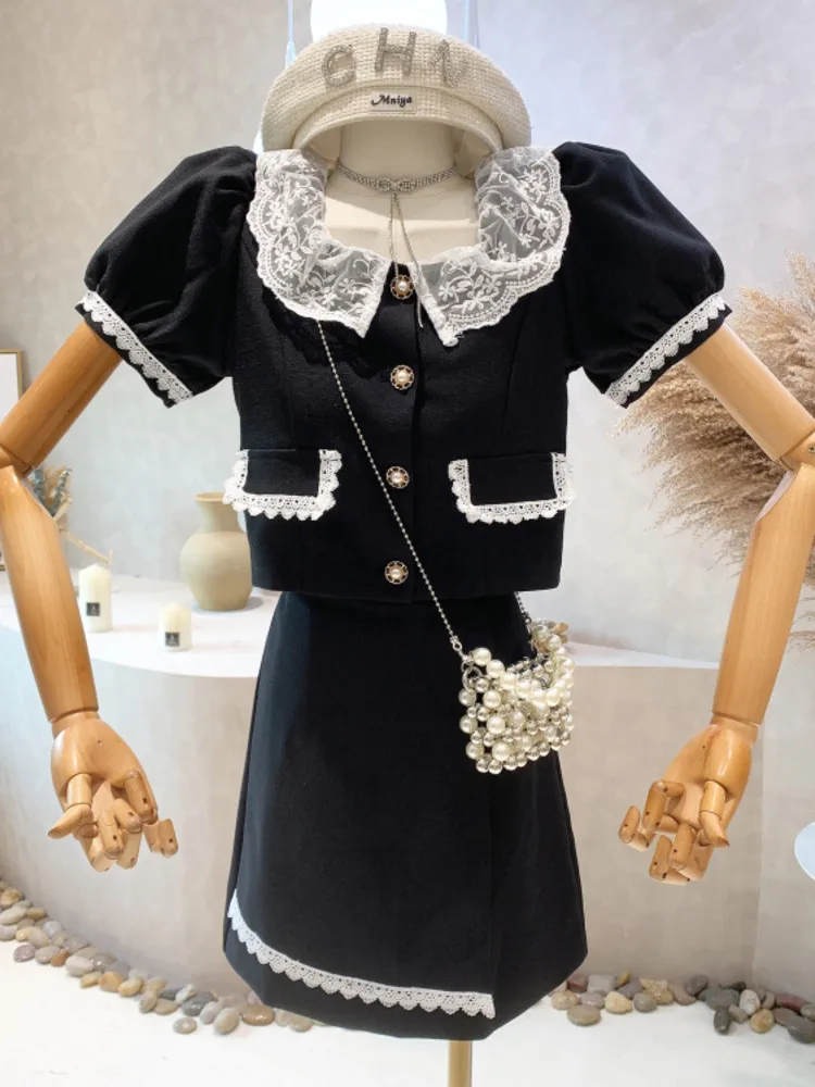 

High Quality Tweed Two Piece Set Women Lace Trim Short Jacket Coat & Skirt Sets Korean Fashion Casual Summer Suits Female