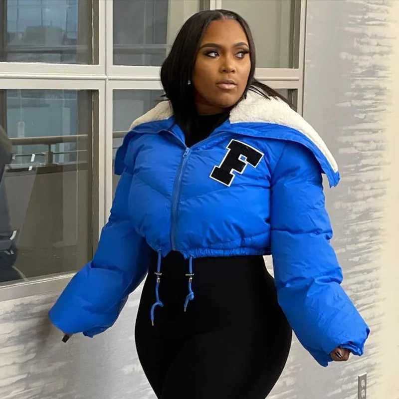 

Towel Embroidery Warm Fashion Drawstring Short Cotton Clothes Autumn and Winter Solid Color with Casual Lapel Short Jacket