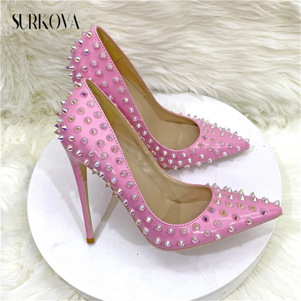 

Pink Studded Leather High Heels for Women Pointed Shallow Mouth Flat/8/10/12Cm Stiletto Pumps Pink Punk Style Dress Women Shoes