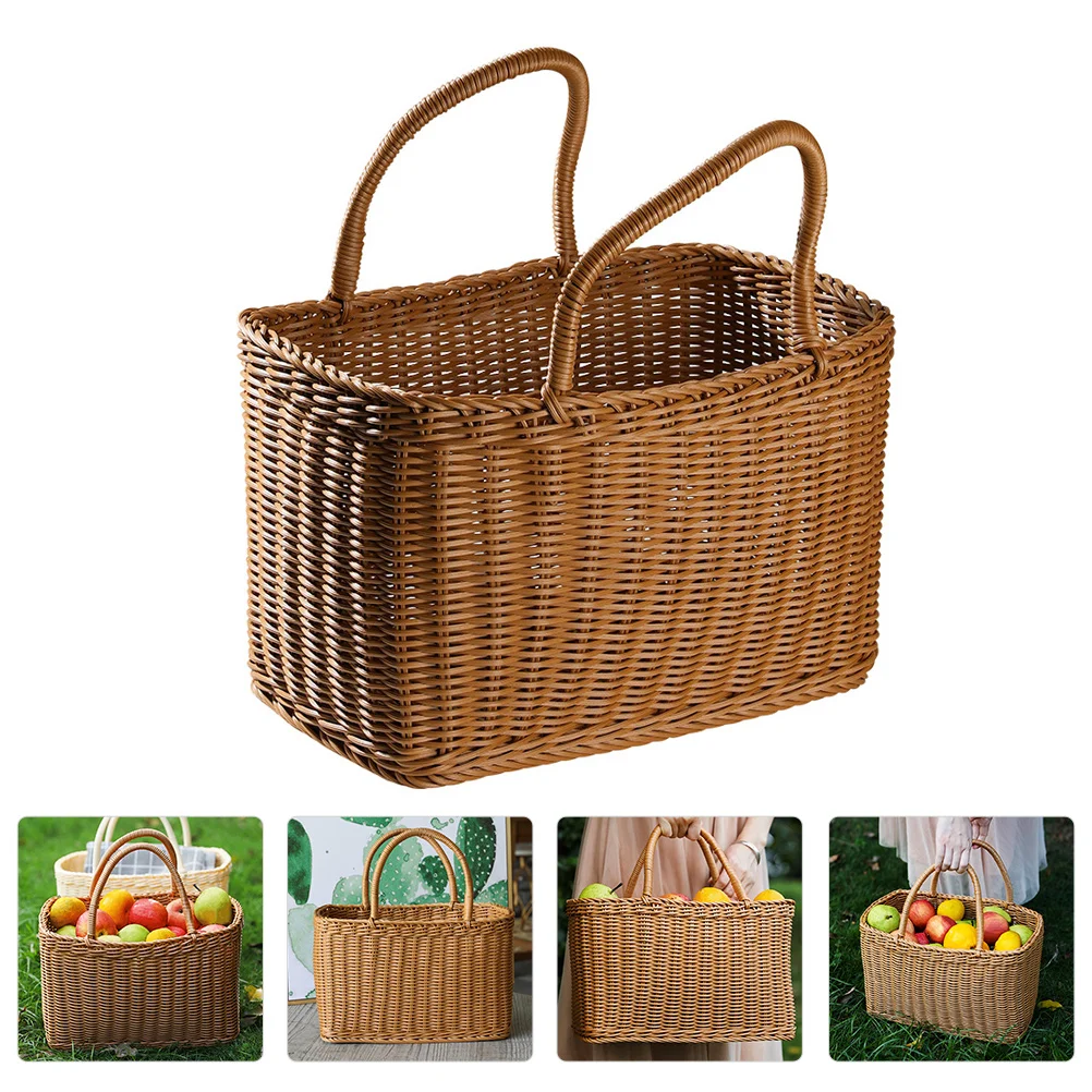 

Basket Woven Wicker Baskets Handle Picnic Storage Rattan Market Flower Handles Straw Gift Shopping Fruit Hand Tote Beach Easter
