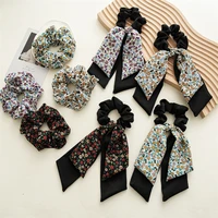 wholesale fashion floral elastic hairband ponytail hair tie double bowknot detachable silk ribbon large intestine scrunchie