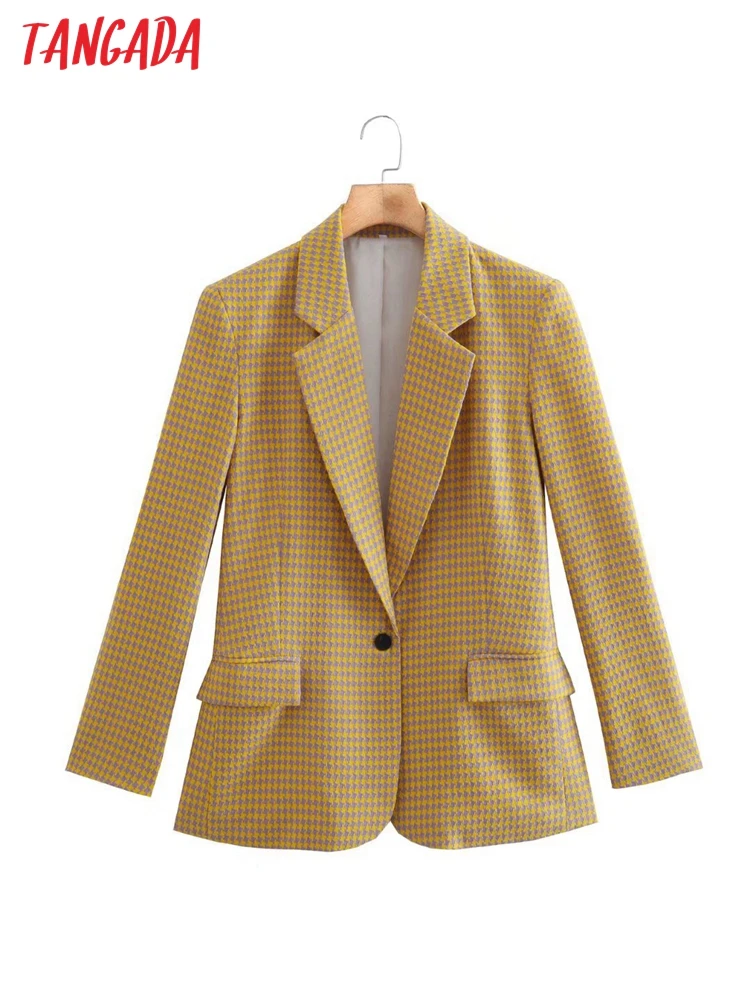 

Tangada 2022 women vintage yellow Tweed blazer female long sleeve elegant jacket ladies blazer suits 2J01