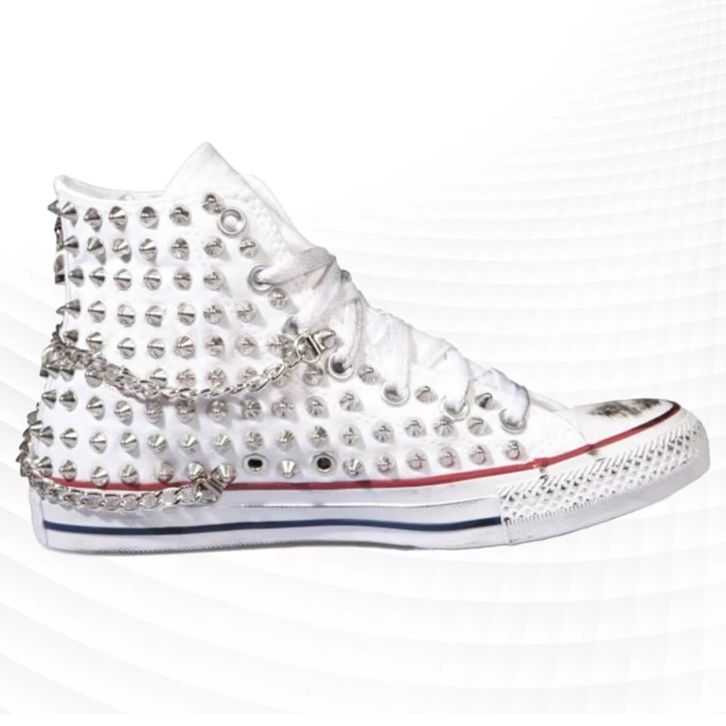 

High-top old dirty black and white canvas shoes rivet chain walking street shooting hip-hop handmade rivet vulcanized shoes35-46