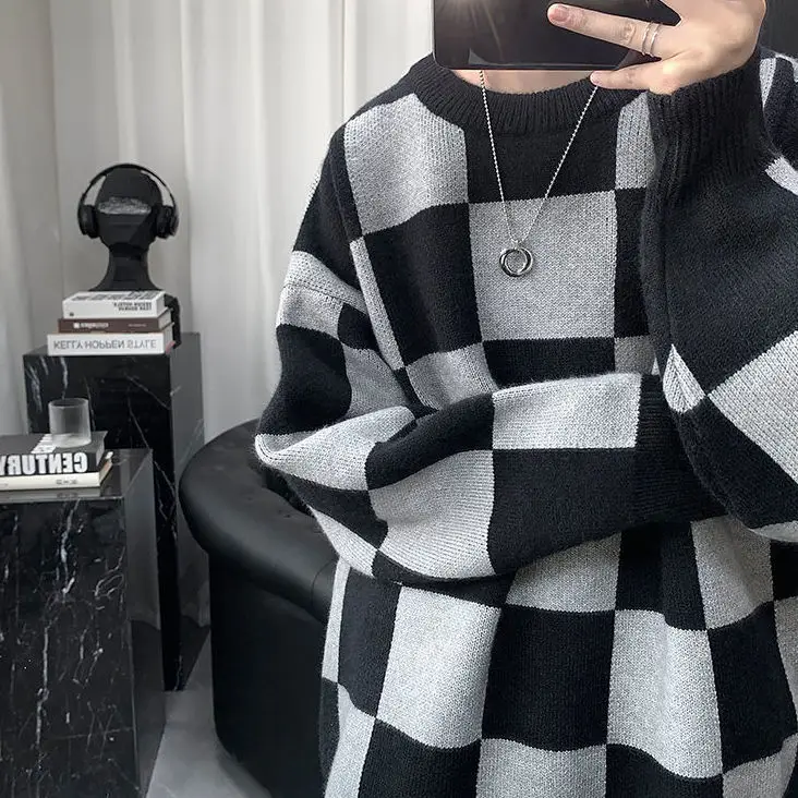 Deeptown Gothic Plaid Sweater Women Harajuku Fashion Oversize Black Pullover Emo Autumn Winter Long Sleeve Knitted Jumper Female