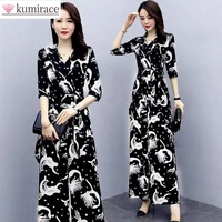 large womens summer korean version new elegant womens asymmetric black and white printing trouser leg pants two piece set