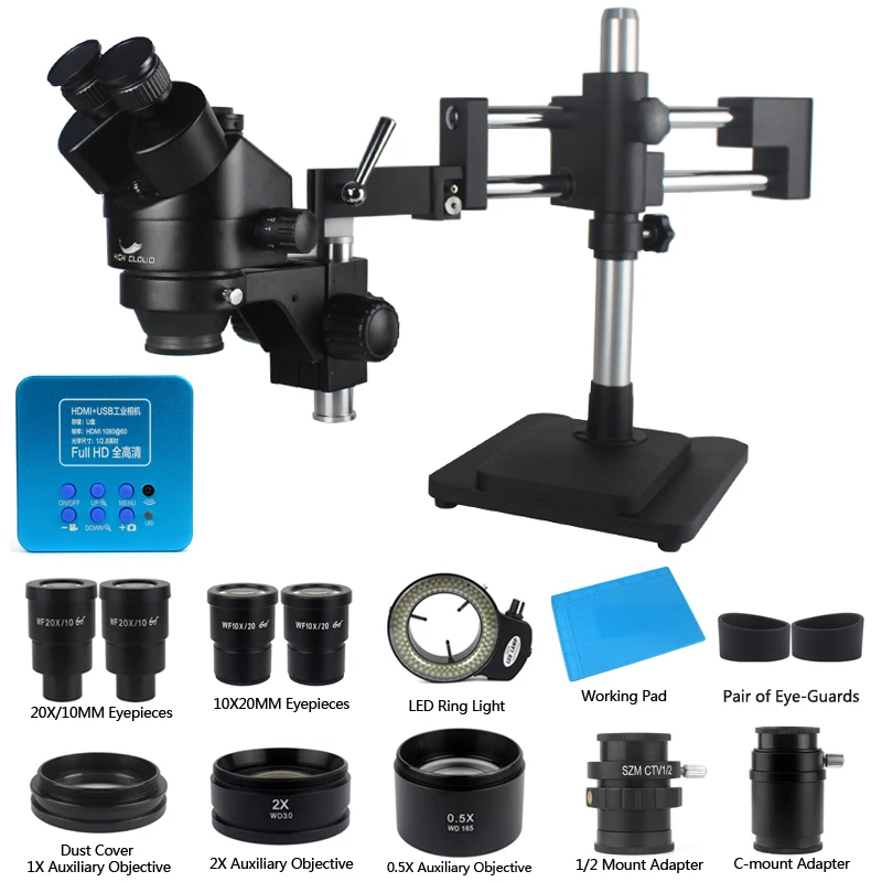 

Professional 3.5X-180X Double Boom Simul Focal Trinocular Stereo Microscope Video Digital USB HDMI Camera Phone PCB Repair Tools