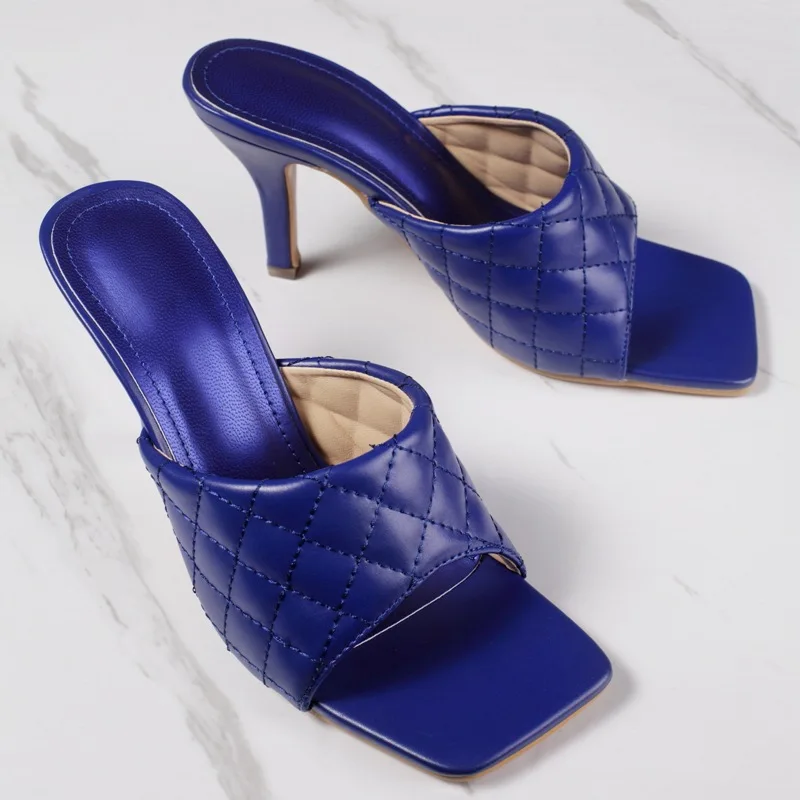 2022 Luxury Design Slides Women High Heels Mules Fetish Summer Sandals Lady Heels Slippers Weave Platform Stripper Blue Shoes
